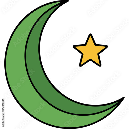 A green crescent moon shines brightly with a yellow star.