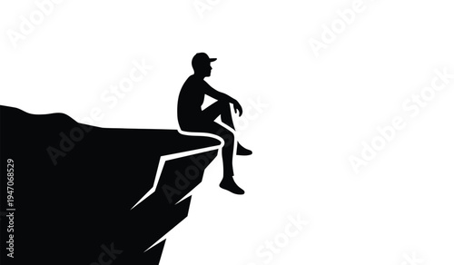 A silhouette of a lone person sitting peacefully on the edge of a high cliff overlooking the abyss