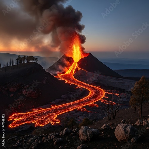 Volcanic Eruption with Flowing Lava at Night.