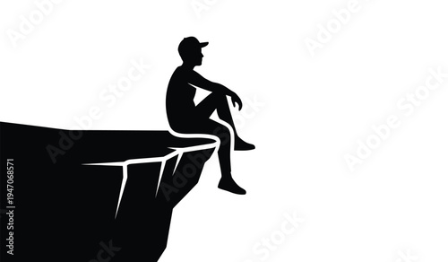 A silhouette of a lonely person sitting on the edge of a high cliff looking into the vast distance