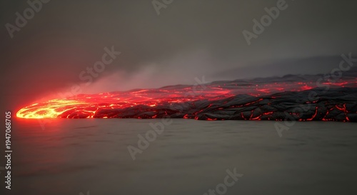 Volcanic Eruption with Flowing Lava at Night.