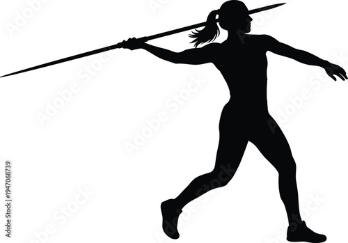 Female javelin throw athlete silhouette in action, track and field sport competitor preparing to throw spear, athletic vector illustration isolated on white background