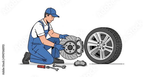 Mechanic repairing car brake.