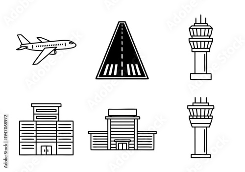 Airport vector illustration set with airplane, runway, and control towers in outline style for aviation graphics
