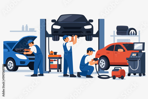 Professional Mechanics Working in a Car Repair Service Center Garage, Fixing Engines, Changing Tires, and Using Diagnostic Equipment, Flat Vector Illustration of Automotive Maintenance Workshop.