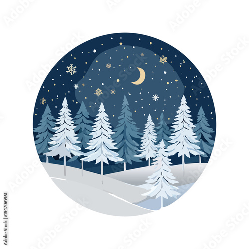 Winter forest night scene illustration trees snow stars moon vector design