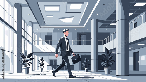 Businessman walking in modern office lobby, vector illustration of success and career growth