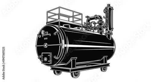 Detailed illustration of a vintage industrial boiler with pipes and a wheeled base