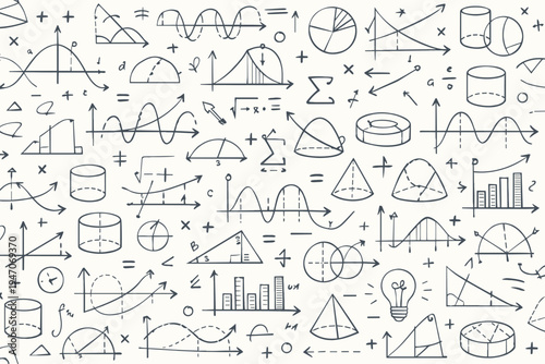 Seamless pattern of hand-drawn mathematical formulas, equations, and geometric shapes. Sketchy doodle background with graphs, algebra, and physics symbols for education and science concepts.