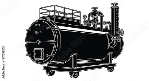 Detailed illustration of a large black industrial tank with valves and a platform