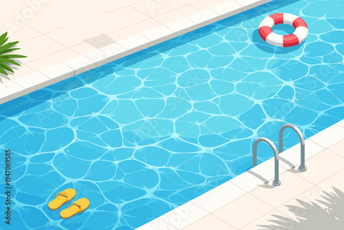 Summer Swimming Pool Background with Clear Blue Water Surface Ripples, Red Lifebuoy Ring, Yellow Flip-flops, and Metal Ladder. Flat Vector Illustration for Tropical Resort Vacation and Leisure.
