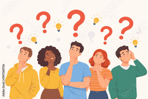 Diverse group of people thinking and looking up at large red question marks and glowing light bulbs. Flat vector illustration of men and women brainstorming, searching for answers and ideas.