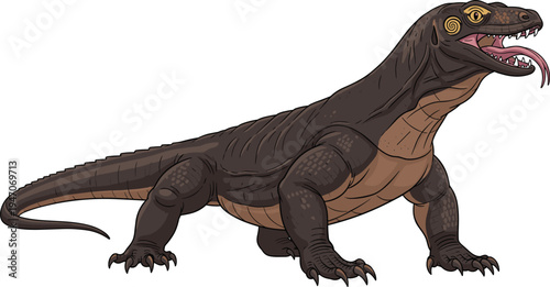 Komodo dragon lizard with open mouth and flickering tongue, giant monitor lizard wildlife predator from Indonesia, nature vector illustration isolated on white.