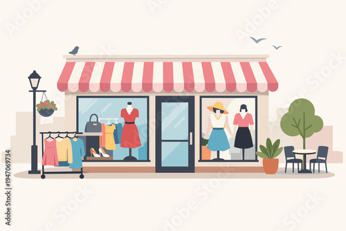 Flat Vector Illustration of a Women's Fashion Boutique Storefront with Pink Striped Awning, Mannequins in Windows, Clothing Racks, Street Lamp, and Outdoor Cafe Seating on a Light Background.