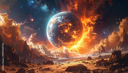 concetto di caos e distruzione nell'universo, illustrazione 3d, pianeti in fase di distruzione, in un ambiente di fantasia