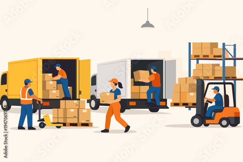 Warehouse workers loading cardboard boxes into delivery trucks in a distribution center. Flat vector illustration of logistics team, forklift, and pallet jack managing shipping and transport.