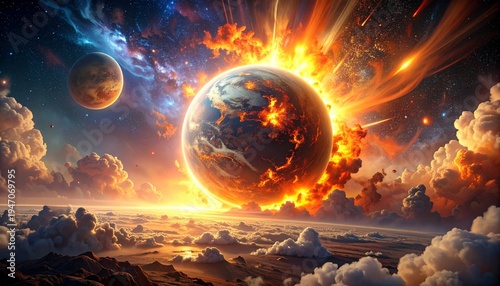 concetto di caos e distruzione nell'universo, illustrazione 3d, pianeti che vengono colpiti da asteroidi, rilasciando grandi esplosioni, in un ambiente di fantasia