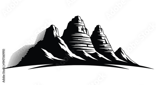 Stylized black and white illustration of jagged mountain peaks with linear details