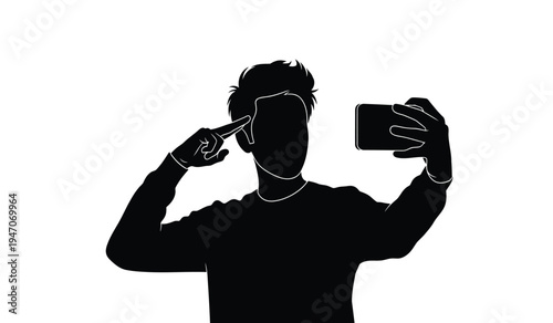 Black silhouette of a young person making a gesture while holding a smartphone for a self portrait