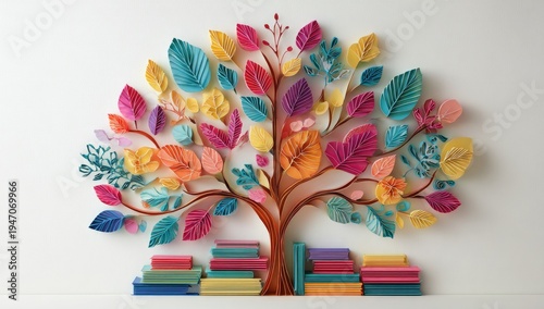 Vibrant Quilled Paper Tree of Knowledge with Stacked Books.