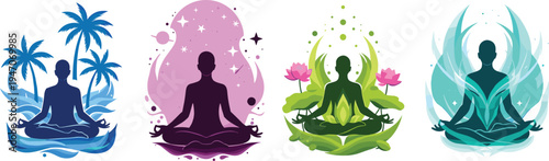 Meditation yoga silhouette collection, lotus pose with tropical palms, cosmic stars, floral lotus flowers, energy aura, zen wellness vector illustration, spiritual mindfulness, isolated.