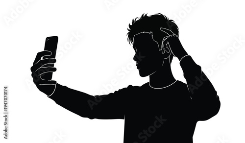 A silhouette of a young person holding a smartphone and adjusting their hair in a casual pose