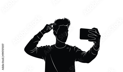 Silhouette of a young person holding a smartphone to take a selfie while adjusting their hairstyle
