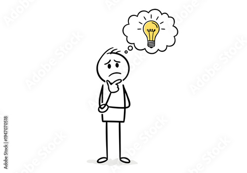 Vector illustration of a stick figure contemplating, with a lightbulb symbolizing an idea in a thought bubble
