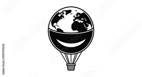 A black and white illustration of earth encased in a hot air balloon