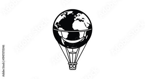 A black and white illustration of an earth shaped hot air balloon ascending