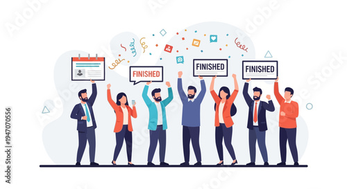 Team celebrating project completion holding 'FINISHED' signs and calendar