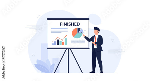 Businessman presenting 'Finished' project with charts and graphs on a whiteboard