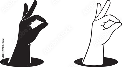 Minimalist Black and White Vector Illustration of Hand Gestures Emerging from a Hole, Showing Fingers Snapping or Holding Something Small, Ideal for Web Design and Marketing