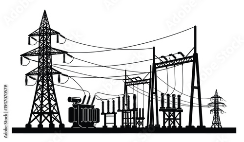 A detailed monochromatic illustration depicting an electrical substation with high voltage towers