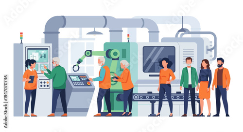 Modern Factory Operations with Diverse Workforce and Advanced Robotics. Industrial Automation, Manufacturing Technology, and Team Collaboration.