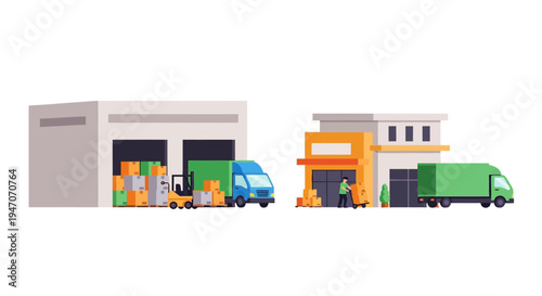 Logistics and Supply Chain Illustration: Warehouse Operations, Delivery Trucks, and Package Handling