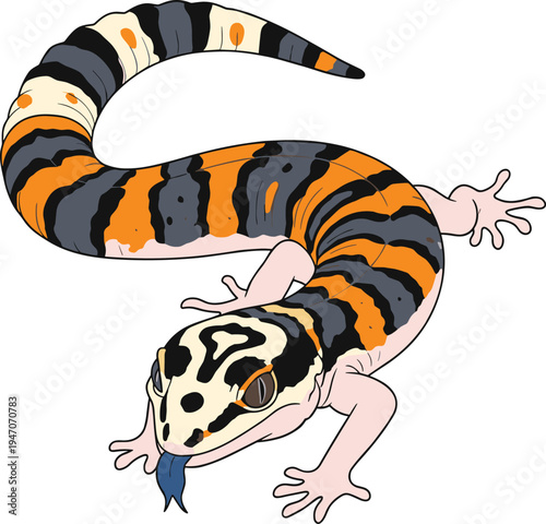 Stunning leopard gecko vector illustration, vibrant orange and black patterned lizard, exotic reptile with blue tongue, isolated on white, high quality wildlife design.