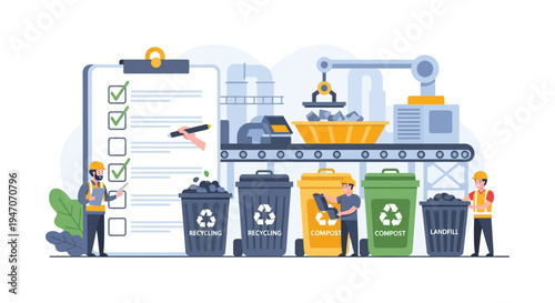 Industrial Waste Management: Recycling, Composting, and Landfill Sorting Process with Workers and Checklist