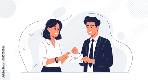 Business partners exchanging an envelope with a seal, symbolizing communication and delivery.
