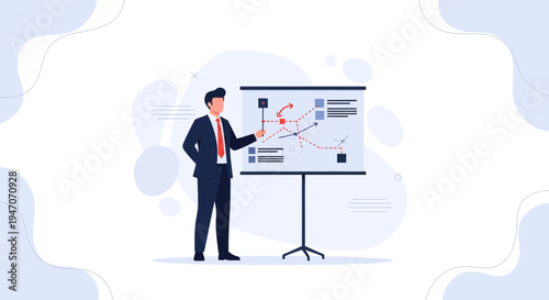 Businessman presenting strategy on whiteboard with arrows, charts, and graphs