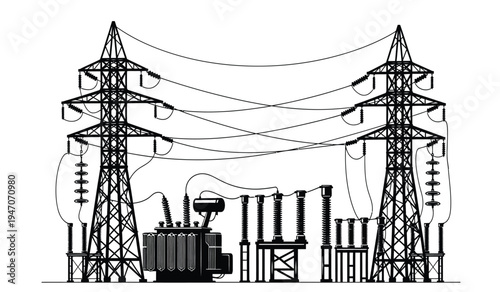 Two tall steel electrical transmission towers connected by power lines with a ground transformer