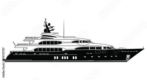 Detailed black and white line drawing of a large modern luxury yacht at sea
