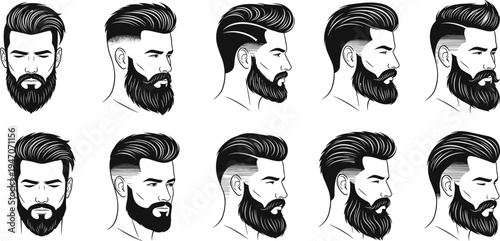 Collection of stylish men beard and haircut styles, vector set barber hairstyle icons, grooming fashion hipster isolated illustration modern trends