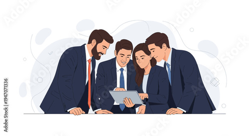 Business team collaborating on a tablet, modern office setting, teamwork concept