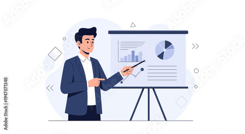 Businessman presenting financial report with charts and graphs on a whiteboard