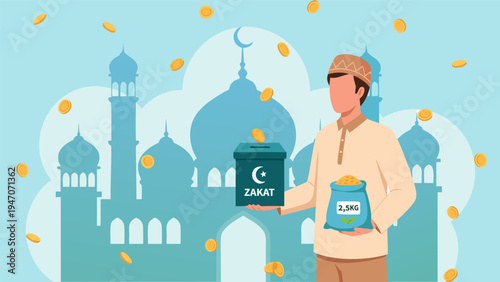Generous Muslim man collecting Zakat donations with coins falling in this vector illustration, concept of charity and Ramadan