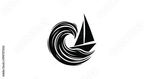 Stylized black silhouette of a sailboat navigating a swirling wave