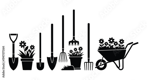 A collection of gardening tools potted flowers and a wheelbarrow are depicted in black creating a striking silhouette