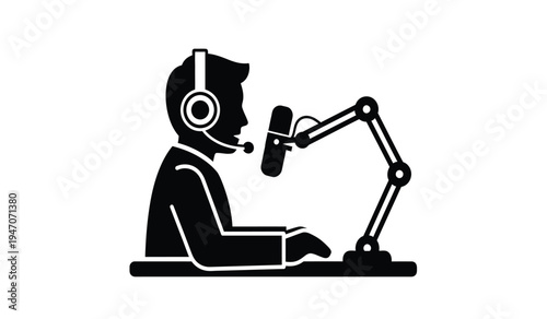 A silhouette icon of a podcast host wearing headphones and speaking into a professional microphone