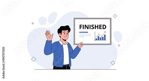 Man holding board with FINISHED text and business graph, project completion concept